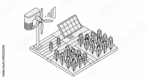Isometric Line Art of Smart Farming Concept with Solar Panels, Wind Turbine, and Wheat Crops for Sustainable Agriculture and Agritech IoT Solutions