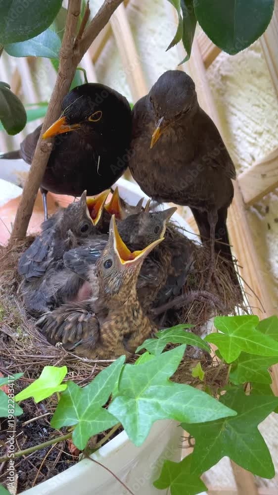 Blackbird (Turdus merula) parents feeding chicks in nest, baby birds ...