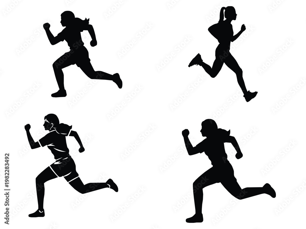 Fototapeta premium Silhouette of man and woman running side by side, symbolizing fitness, healthy lifestyle, exercise, marathon training, and active sports activity design