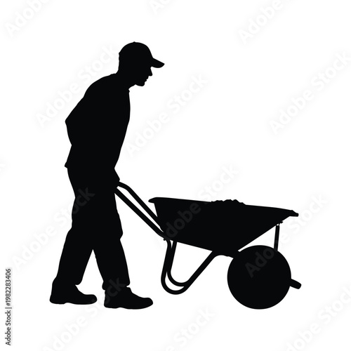 Man pushing wheelbarrow vector illustration silhouette worker moving soil and garden debris.