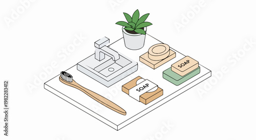 Eco-Friendly Bathroom Essentials Isometric Illustration featuring Organic Bar Soap, Bamboo Toothbrush, and Modern Sink for Sustainable Living Concept