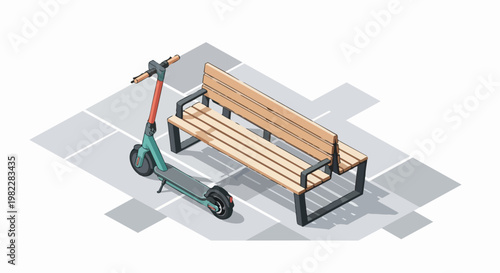 Isometric Electric Kick Scooter Parked Near Modern Wooden Bench, Urban Micro-Mobility and Sustainable City Transport Concept, 3D Vector Illustration on White Background