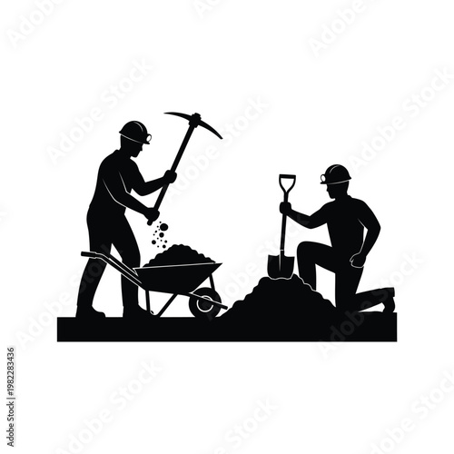 Miners working with pickaxe and shovel, wheelbarrow, illustration vector.