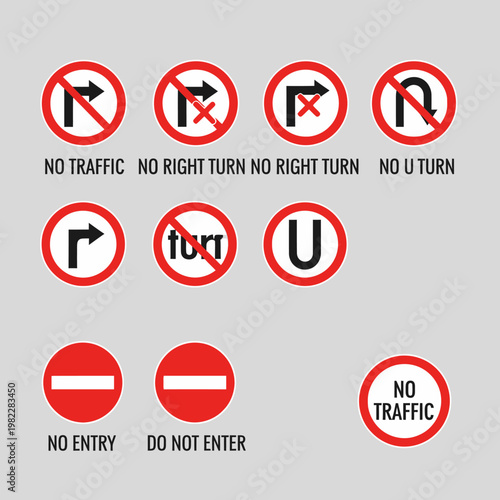 Collection of Road Signs: No Entry, No U-Turn, No Right Turn, Traffic Restrictions