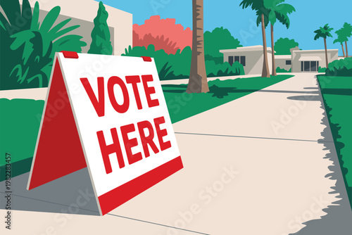 A vibrant illustration of a 'Vote Here' sign on a sidewalk in a suburban neighborhood with palm trees and modern homes.