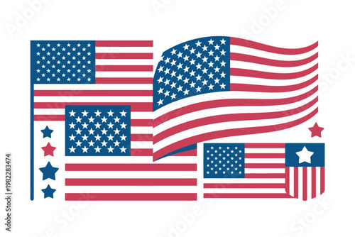 A stylized illustration of multiple American flags waving together in a patriotic display of red, white, and blue colors.