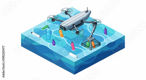 Isometric Drone Cleaning Plastic Waste from Ocean - Environmental Technology and Marine Conservation Concept