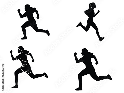 Silhouette of man and woman running side by side, symbolizing fitness, healthy lifestyle, exercise, marathon training, and active sports activity design