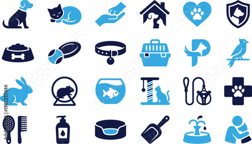 Various pet and animal icons in blue and dark blue on white background.