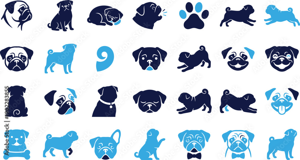 Fototapeta premium Pug dog icon set showcasing diverse poses and expressions vector graphics.