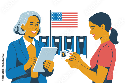 Two women interacting at a polling station with an American flag in the background