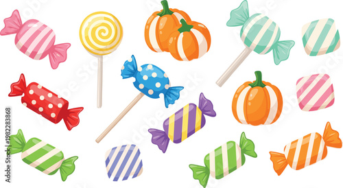 Colorful candy and lollipop sweets set with pumpkins, Halloween treats collection, festive dessert elements, playful vector illustration