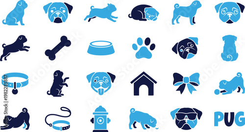 Collection of pug dog icons in various poses and activities vector art.