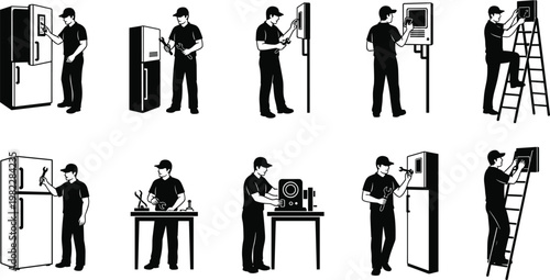 Professional Appliance Repair Technician Silhouettes Fixing Refrigerators and Electrical Panels Featuring Workers With Tools on Ladders for Home Maintenance and Industrial Service