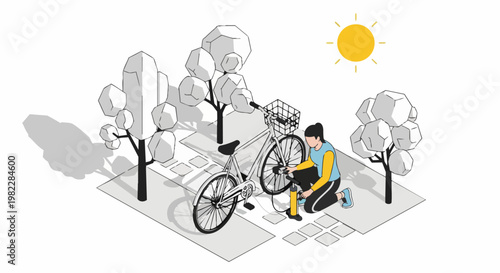 Woman Pumping Air into Bicycle Tire in Stylized Park - Isometric Vector Illustration of Eco-friendly Transportation and Bike Maintenance
