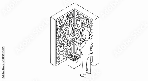 Person Checking Best Before Dates on Grocery Pantry Shelves, Food Waste Prevention and Inventory Management Isometric Line Art Illustration