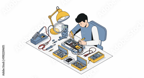 Electronic Technician Repairing Circuit Board at Workbench with Tools, Isometric Vector Illustration for Engineering, Maintenance, and DIY Electronics Repair