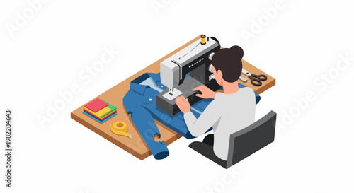 Isometric Illustration of a Professional Seamstress Repairing a Denim Jacket with a Sewing Machine at a Tailoring Workspace