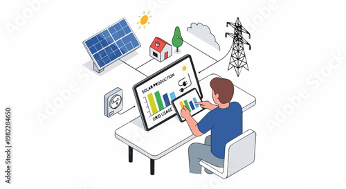 Man Monitoring Solar Energy Production and Grid Usage on Digital Tablet Dashboard - Smart Home Sustainability Concept Illustration