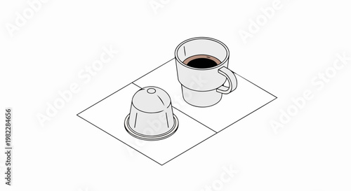 Minimalist Isometric Illustration of a Coffee Mug and Espresso Capsule Pod