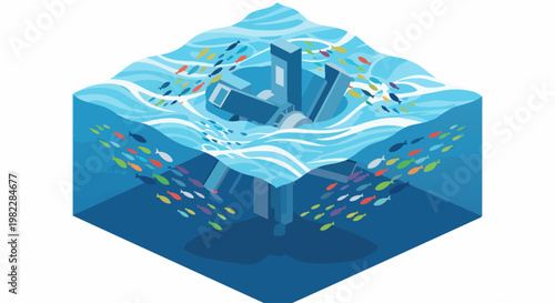 Isometric Tidal Energy Turbine in Ocean with Colorful Fish Schools, Underwater Renewable Energy Concept Illustration