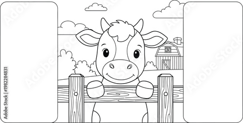 Cute baby cow on farm fence coloring page with copy space for kids