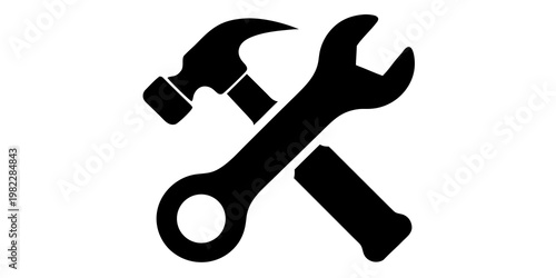 Hammer and wrench crossed icon with construction maintenance industry mechanical equipment carpentry engineering industrial hardware professional handyman silhouette background renovation