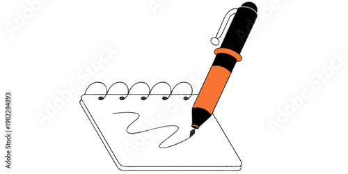 Orange pen writing on a spiral bound notepad with notebook stationery business planning document illustration creative reminder professional education supplies stationary scribble