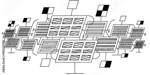 Hand drawn sketch of multiple linked solar panels with power plant energy transition renewable illustration sustainable technology environment connectivity engineering alternative minimalist