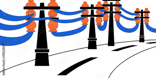 Utility poles with blue power lines and orange insulators graphic electricity insulator infrastructure illustration electric transmission distribution industrial electrical engineering