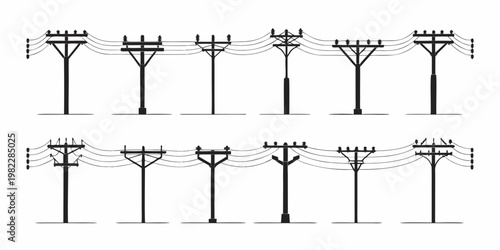 Set of various electrical utility pole designs silhouettes with electricity collection silhouette illustration electric transmission distribution infrastructure industrial minimalist