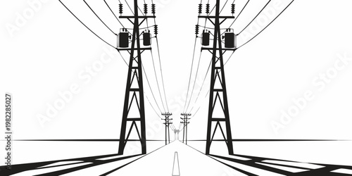 Minimalist black and white illustration of electric power transmission lines along a road with electricity transmission infrastructure electrical silhouette minimalist landscape engineering