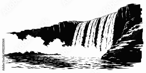 Dramatic black and white graphic of a wide waterfall crashing into water with waterfall crashing landscape illustration wilderness outdoors environment silhouette vertical powerful majestic