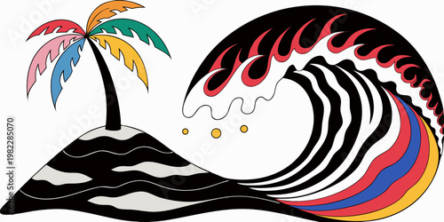 Colorful graphic illustration of a palm tree on a small island with a large wave tropical vacation illustration colorful paradise landscape stylized adventure swelling creative seascape