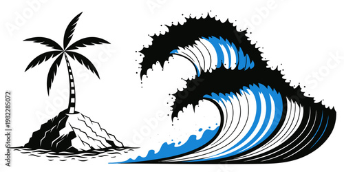 Stylized black and white illustration of a palm tree on a rocky island with a blue wave tropical vacation illustration paradise landscape stylized adventure swelling creative seascape