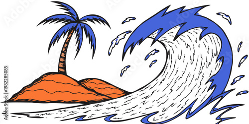 Graphic illustration of a tropical island with a palm tree and a blue ocean wave tropical vacation landscape illustration creative paradise adventure seascape background colorful relaxation