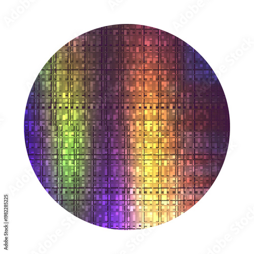 Colorful Semiconductor Silicon Wafer with Microchip Grid Pattern