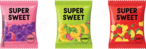 Colorful candy packaging bags set, sweet snack wrappers with gummy and fruity flavors, modern product mockup vector illustration
