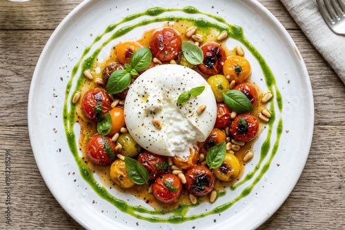 Gourmet Healthy Plate Food Photography Series: Burrata with Roasted Cherry Tomatoes and Basil Oil