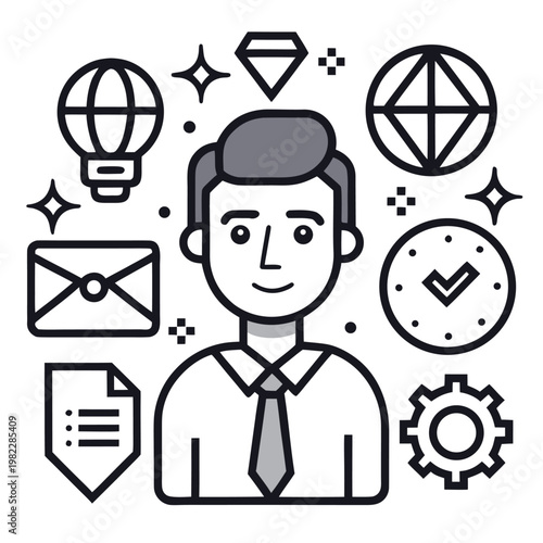 Professional Businessman Character with Business Management Line Icons