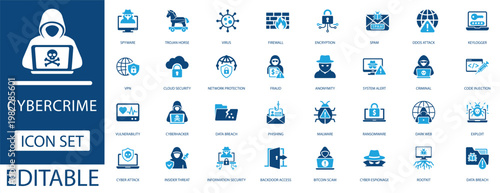 cybercrime icon set . featuring network security,protection, phishing, hacking, and data protection symbols. Editable vector graphics for web and app design.
