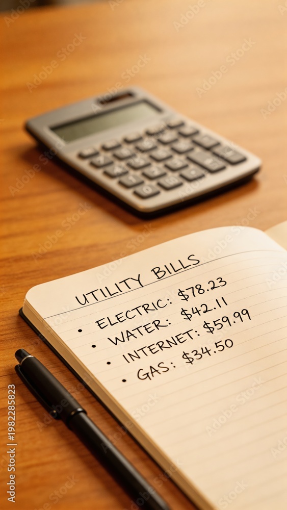 Obraz premium A notebook with handwritten utility bills and a calculator on a wooden desk, used for managing and paying household expenses.