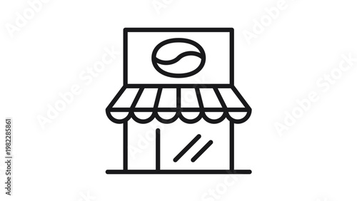 Coffee shop storefront vector icon illustration. Minimalist black line art of a cafe building with a striped awning, coffee bean logo sign, and glass door. Scalable graphic symbol for business.