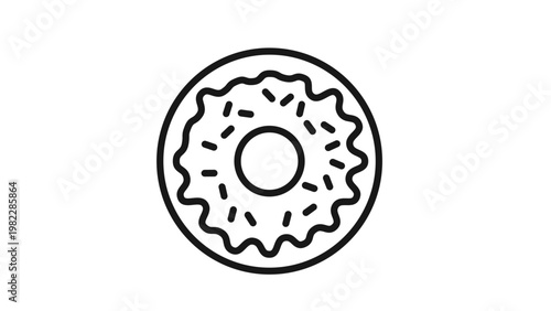Minimalist black line vector icon of a glazed donut with sprinkles, isolated on a white background. Clean and scalable graphic illustration of a sweet dessert pastry for food and bakery design.
