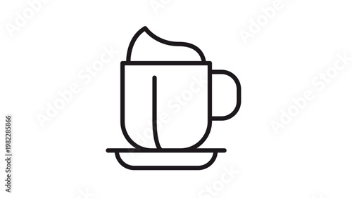 Black line art vector icon of a coffee cup or mug with whipped cream or foam on top, sitting on a saucer. Minimalist beverage symbol for cafe, restaurant, or breakfast menu design.