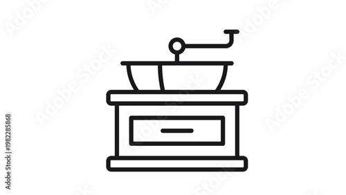 Manual vintage coffee grinder vector icon. Traditional hand-cranked coffee mill illustration for cafe branding and kitchen design. Black line art symbol of a burr grinder on white background.