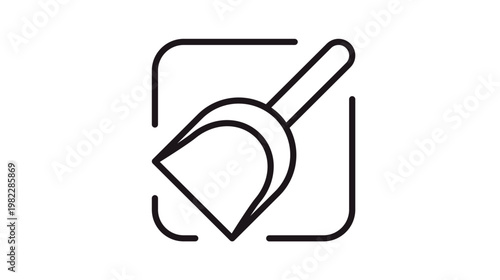 Minimalist black line art vector icon of a dustpan or scoop tool within a rounded square frame, ideal for cleaning services, household maintenance, and hygiene-related graphic design.