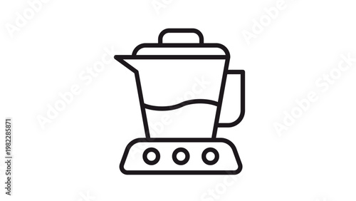 Minimalist black line vector icon of an electric kitchen blender or food processor with a lid, pitcher, and control buttons on the base, isolated on a white background for graphic design.