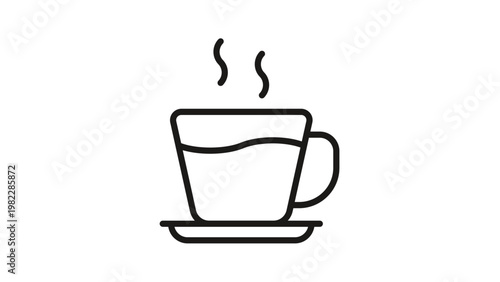 Minimalist black line art vector icon of a steaming cup of hot coffee or tea on a saucer, isolated on a white background. Simple graphic illustration for cafe, breakfast, or break time concepts.