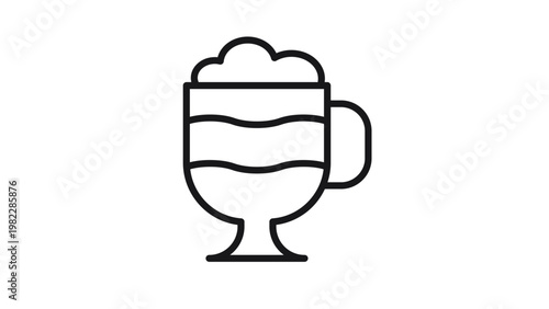 Layered coffee drink vector icon featuring a glass mug with a handle, footed base, and whipped cream topping, perfect for cafe menus, restaurant signage, and beverage branding illustrations.